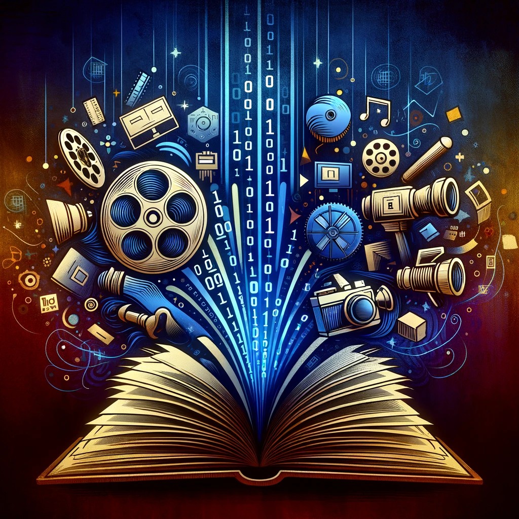 offenes Buch aus dem Symbole im Zusammenhang mit Medien & Informatik sprühen.